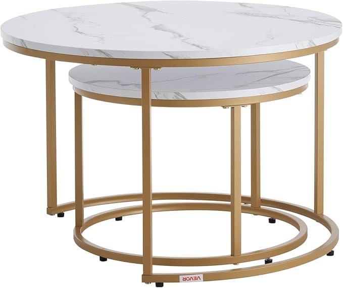 VEVOR Nesting Tables, Coffee Table Set of 2, 27.6 inch Round Coffee Table, Small Coffee Tables Night Stand with Metal Frame, for Living Room, Bedroom, Office (White & Gold)