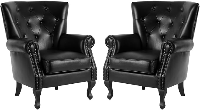MOJAY PU Leather Accent Chair Set of 2, Modern Armchair Living Room Chair, Upholstered Club Chair with Rivet Trim, Mid-Century Sofa Chair with Sturdy Wood Legs for Bedroom (Black)