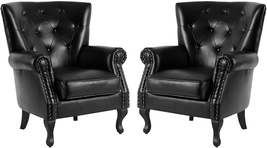 MOJAY PU Leather Accent Chair Set of 2, Modern Armchair Living Room Chair, Upholstered Club Chair with Rivet Trim, Mid-Century Sofa Chair with Sturdy Wood Legs for Bedroom (Black)