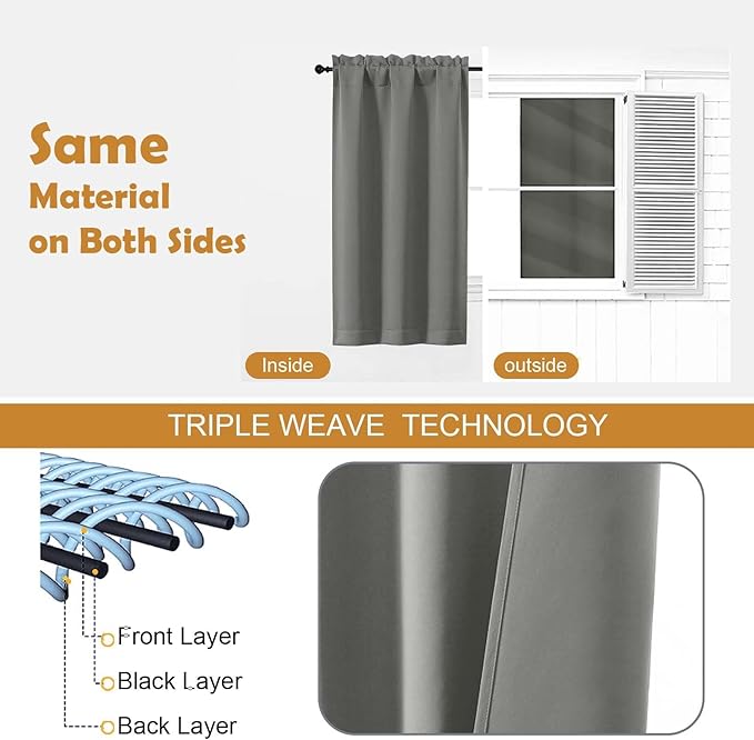 Aiyufeng Light Grey Short 36 Inches Blackout Curtain 2 Panels Set, Half Window Rod Pocket Privacy Curtain Tiers for Kitchen, Curtains Blackout for Bathroom Shades, W40 x L36 Inch, Light Grey