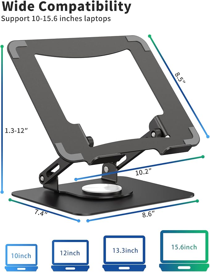 SOUNDANCE Laptop Stand with 360° Rotating Base, Ergonomic Computer Riser for Desk, Adjutable Height Muti-Angle, Foldable Laptop Mount, Stable Metal Holder Support 10-15.6" Notebook PC, Black
