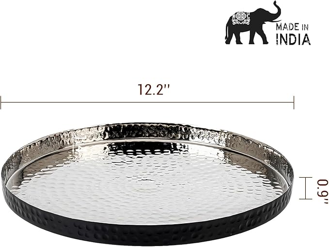 MyGift 12 Inch Round Decorative Platter, Silver Tone Plated Hammered Aluminum with Matte Black Accent Serving Plate, Centerpiece Base or Vanity Tray - Handcrafted in India