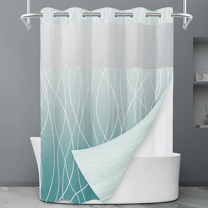 No Hook Ombre Teal Striped Shower Curtain with Snap in Liner Set - Hotel Shower Curtain and Liner Set with See Through Mesh Top Window,Machine Washable, 71x74 INCH