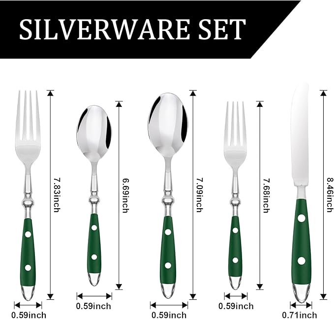 5-Piece Silverware Set, Stainless Steel Flatware Set, Service for 1, Vintage Cutlery Set with Green Bakelite Handle, Mirror Polished | Rustic | Dishwasher Safe