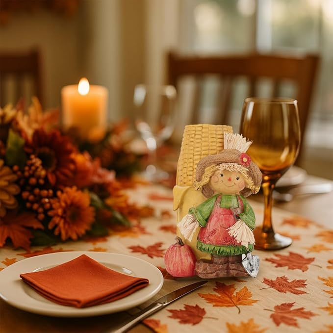 Handcrafted Thanksgiving Scarecrow Figurines, Fall Harvest Tabletop Decorations with Candle Holder, Autumn Resin Decor for Home, Porch, or Garden (Girl)