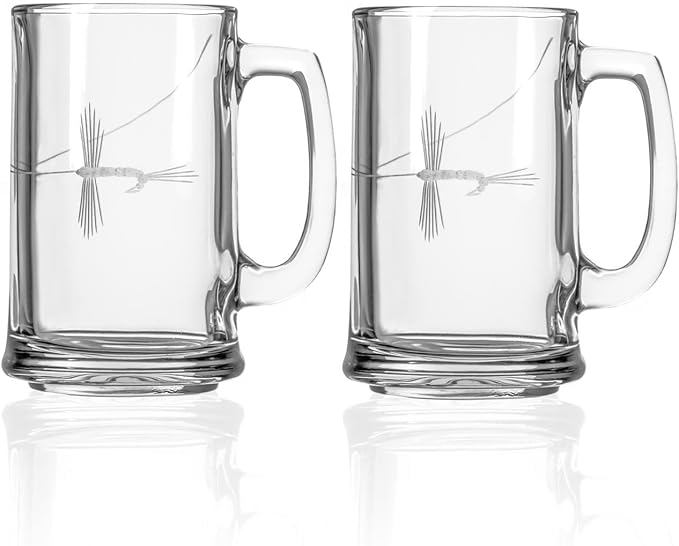 Rolf Glass Fly Fishing Beer Mug | Set of 2 15oz Beer Glasses | Diamond Wheel Engraved in the USA | Outdoor Lifestyle