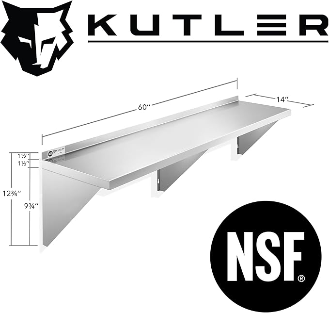 KUTLER Stainless Steel Shelf - 14" x 60", NSF Commercial Wall Mount Shelves with Backsplash, Floating Metal Shelving for Restaurant, Kitchen, Home
