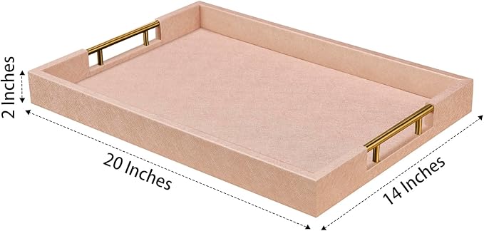 14x20 Inches Champagne Faux Leather Wrapped Wood Serving Tray with Metal Handles for Various Occasions, Ottoman, Home Decorative, Living Room, Coffee Table Organizer, Serving Breakfast On Bed