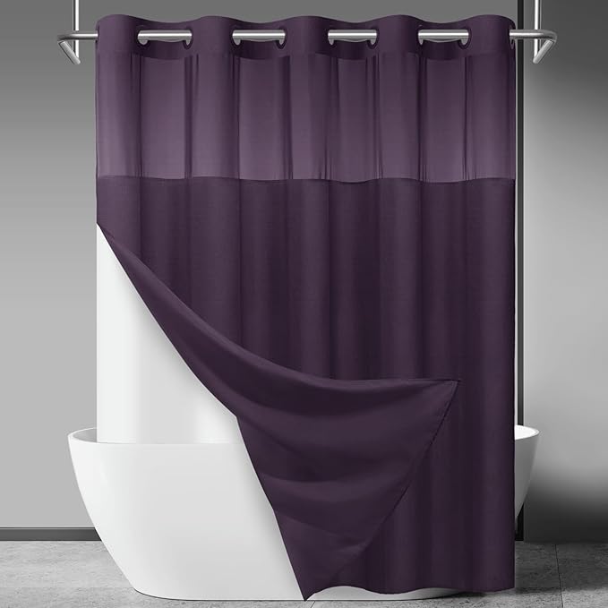 No Hook Slub Textured Shower Curtain with Snap in Liner - Purple Fabric Outer Curtain & Waterproof Inner Liner, Hotel Style with See Through Top Window, 71x74 in