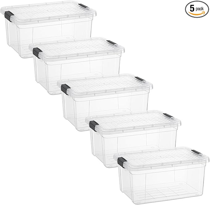 Superio Clear Storage Boxes with Lids, 11 Quart Plastic Container Bins for Organizing, Stackable Crates, BPA Free, Non Toxic, Odor Free, Organizers for Home, Office and Dorm, 5 Pack