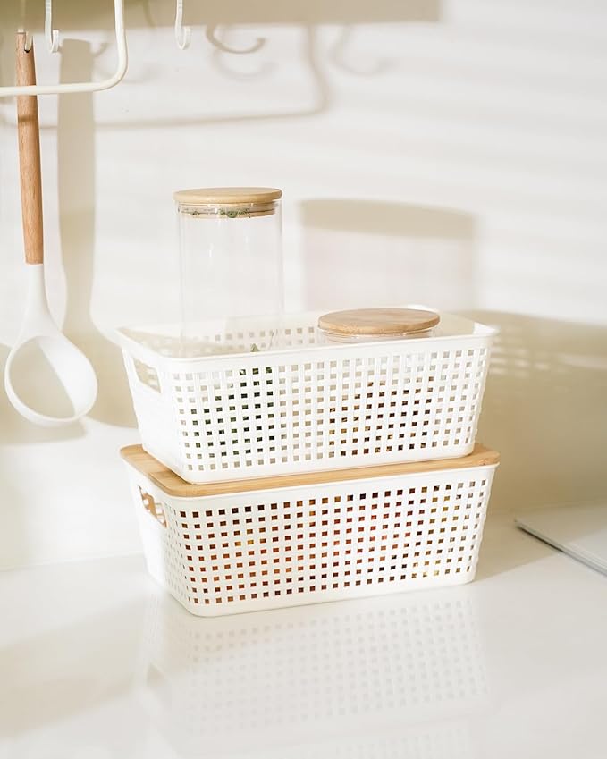 Storage Bins with Lids 10 Packs, Plastic Storage Bins with Bamboo Lids for Pantry Organization and Storage Containers for Shelves Drawers Desktop Closet Playroom Classroom Office Home, White