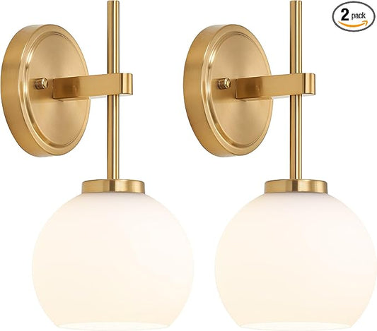 Gold Battery Operated Wall Sconce Set of 2, Wireless Rechargeable Sconces Wall Lighting with Remote Control, LED Dimmable Wall Lights with Opal White Glass Shade, 12 Colors RGB & 3 CCT Bulb