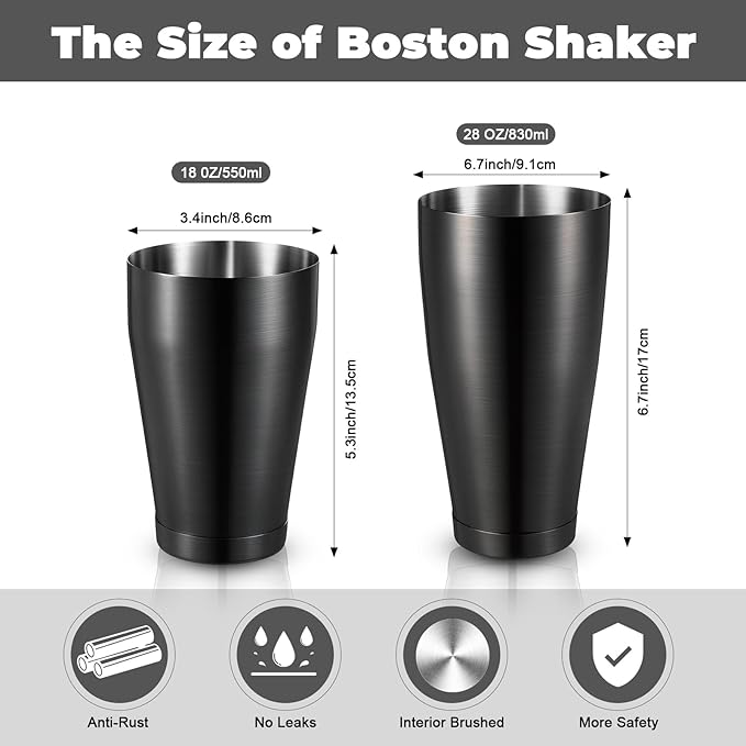 Sabary 6 Pcs Cocktail Shakers Professional Bar Shaker Boston Set Stainless Steel Martini Drink Mixer Basic Tool Weighted Shake Metal Can Cocktail Shaker Set, 18 Oz, 28 oz (Sanding Black)