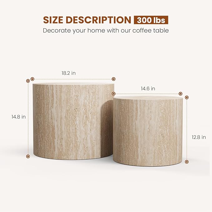Round Wood Coffee Table Set of 2 Modern Circle Nesting Coffee Table Handcrafted Drum Nesting Table Nesting Coffee Tables for Living Room for Small Space (Travertine (D18.2+D14.6 inch))