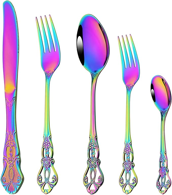 Elegant Rainbow Silverware Set with Steak Knives 5 Piece Flatware Sets for 1 Utensils, 18/10 Stainless Steel Colorful Cutlery Set Include Knifes Forks Spoons, Mirror Polished Dishwasher Safe