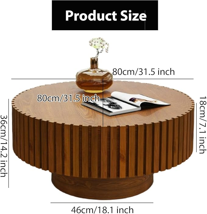 Round Fluted Coffee Table Mid Century Modern Coffee Tables with Handcrafted Relief Circle Drum End Table Rustic Industrial Center Tables for Apartment Living Room (Wood Round)