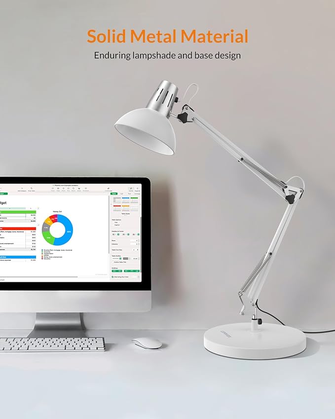 LEPOWER Metal Desk Lamp, Adjustable Goose Neck Architect Table Lamp with On/Off Switch, Swing Arm Desk Lamp with Clamp, Eye-Caring Reading Lamp for Bedroom, Study Room &Office (White)