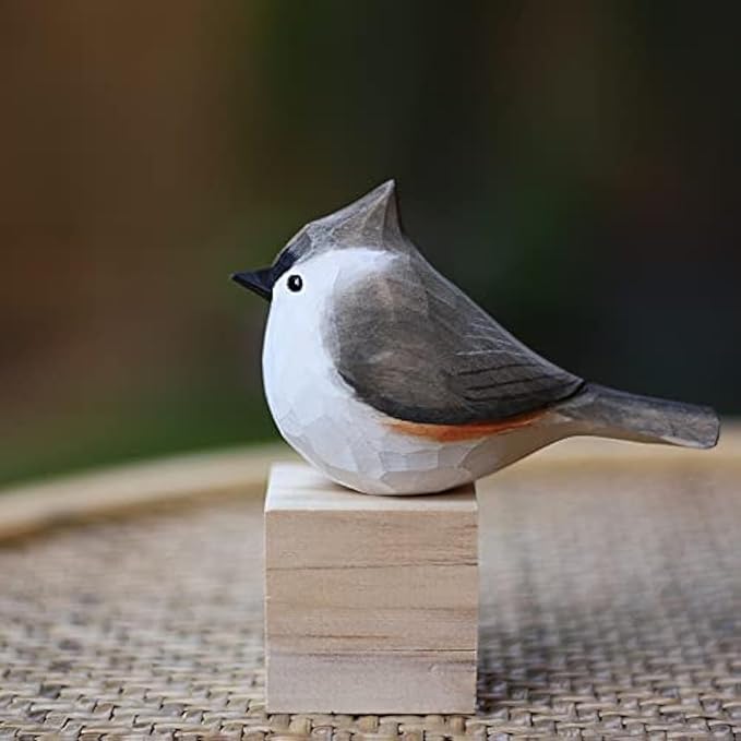 Handmade Wooden Carved Bird Decor - Sculpted Hand-Painted Figurines, Small Home Statue, Shelf Decor, BFF Gifts for Bird Lovers (Tufted Titmouse)