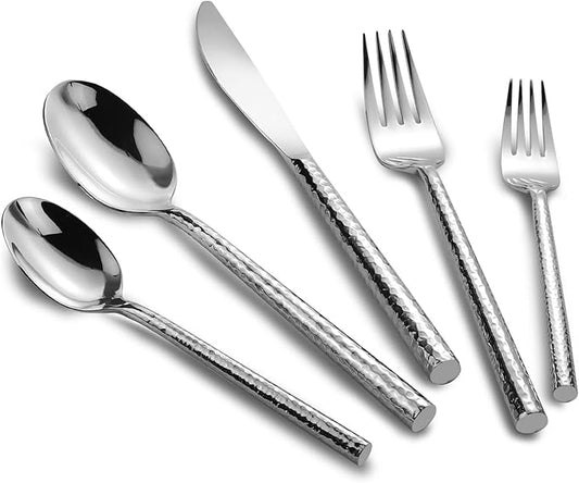 18/10 Stainless Steel Flatware Set Hand Forged Silverware Set Cutlery Set Round Hammered Handle Mirror Finished Heavy Duty 40 Pieces Service for 8