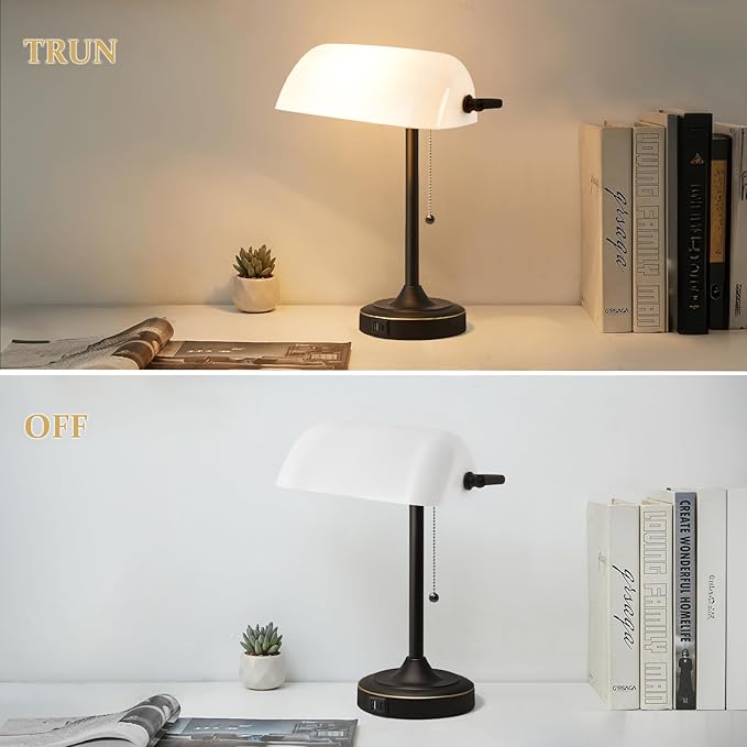 Vintage Desk Lamp Bankers Lamp - Black Retro Table Lamp with USB & Type C Charging Ports Traditional Pull Chain Switch Library Lamp for Home Office Nightstand Bedroom Side Table Lamp(Bulb Included)