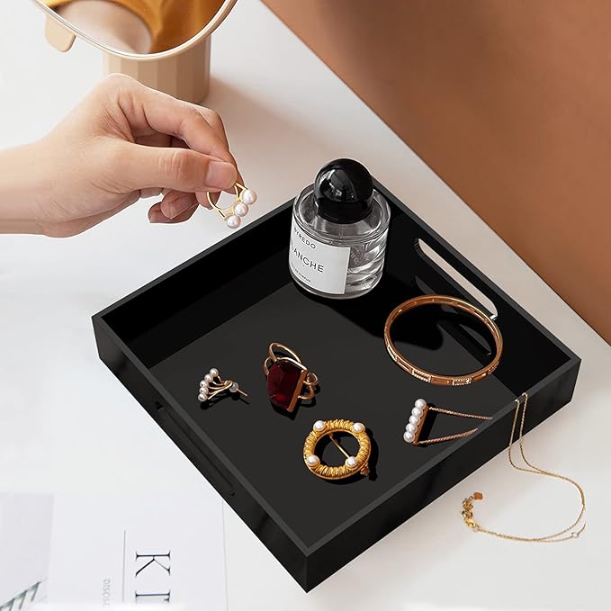 Home Decorative Coffee Table Tray, 10"x10" Elegant Acrylic Serving Trays with Handles Works for Eating, Breakfast, Makeup Drawer Organizer,Bathroom Vanity Table,Ottoman Tray, Black