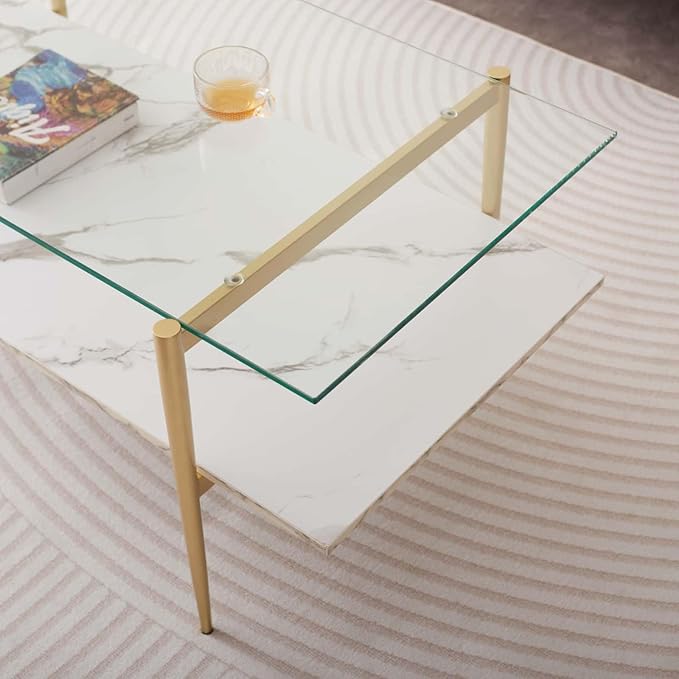 Rectangle Coffee Table for Living Room, Mid-Century Modern Design, L41 x W21 x H17, 2-Tier Structure, Clear Glass Top and White Marble Finish Wood Shelf, Conical Legs with Gold Finish