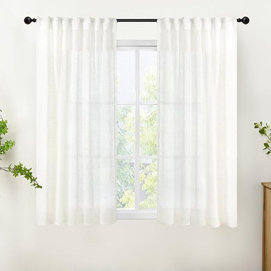 YoungsTex White Linen Semi Sheer Curtains 45 Inch Length for Short Window, Light Filtering Drapes with Rod Pocket Back Tab Textured Rustic for Kitchen Bathroom Bedroom, 2 Panels, 42 X 45 Inch