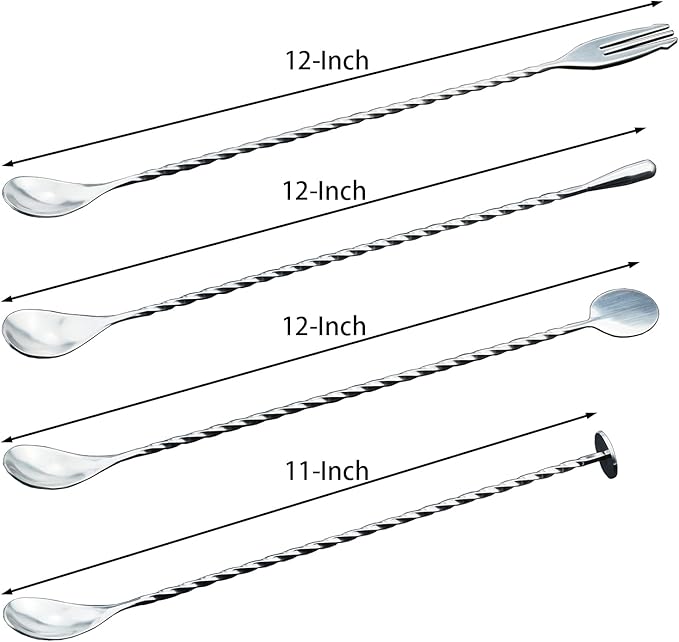 JETKONG 4 Pcs Bar Spoons Cocktail Mixing Spoon 12-Inch Bar Stirring Spoon Stainless Steel Cocktail Stirrer, Long Handle Drink Stirrers Cocktail Spoons
