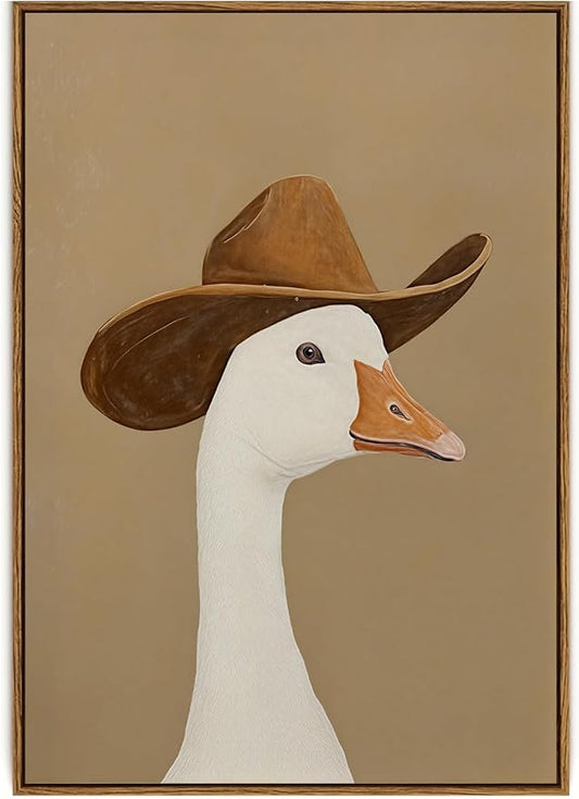 KISSFOX Vintage Portrait Framed Wall Art Funny Cowboy Duck Canvas Wall Art Farmhouse Paintings Artwork Rustic Art Prints For Bedroom Bathroom Living Room