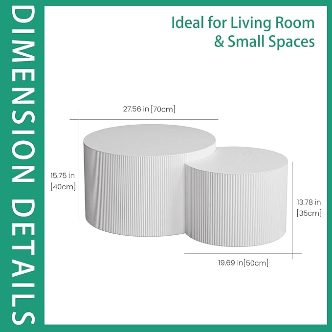 Round Nesting Coffee Table Set 2 Piece, Drum Modern Stackable Side Table for Living Room/Bedroom Small, Space-Saving Accent Furniture with Scratch-Resistant Design (A White 27.56 in)
