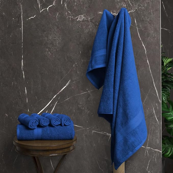 Avalon Towels Luxury 8 Piece Blue Towels Set, 2 Bath Towels, 2 Hand Towels and 4 Washcloths, 600 GSM 100% Ring Spun Cotton Highly Absorbent Royal Blue Bathroom Towels, Ideal for Hotel, Spa and Gym