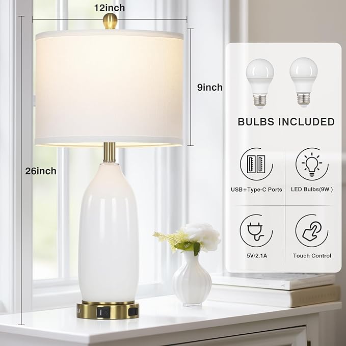 26" Modern White Glass Table Lamps Set of 2,Nightstand Lamp with USB A+C Ports & AC Outlet,Bedside Lamps with 3-Way Dimmable Touch Control Night Light for Bedroom Living Room Side Table