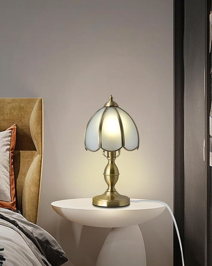 Small Vintage Table Lamps, Frosted Glass Lampshade with Brass Base, Desk Light for Bedside, bar, Lounge, Cafe, and Restaurant, E12 Base(Bulb Not Included)