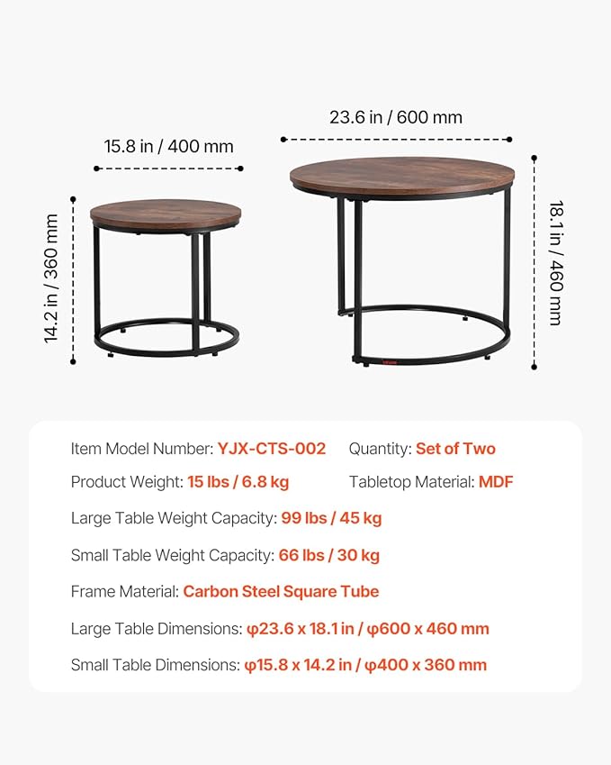 VEVOR Nesting Tables, Coffee Table Set of 2, 23.6 inch Round Coffee Table, Small Coffee Tables Night Stand with Metal Frame, for Living Room, Bedroom, Office (Brown & Black)