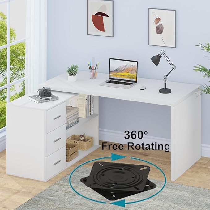 HSH White L Shaped Desk with Drawers Shelves, 360 Rotating L Shape Computer Desk with Storage Cabinet, Corner Home Office Desk Computer Table，55 Inch