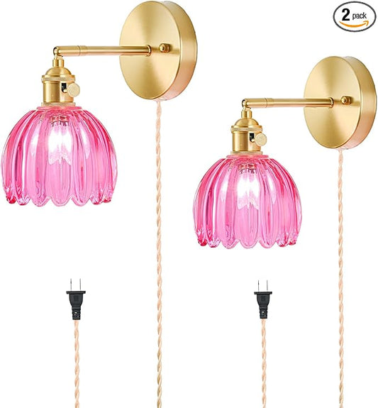 Plug in Wall Sconces Set of 2, Vintage Wall Sconce Light with Tulip Ruby Red Glass Lampshade, 180° Adjustable Wall Sconce with Switch and Plug in wall lamp Cord, Gold Wall Light Wall Decor Set of 2