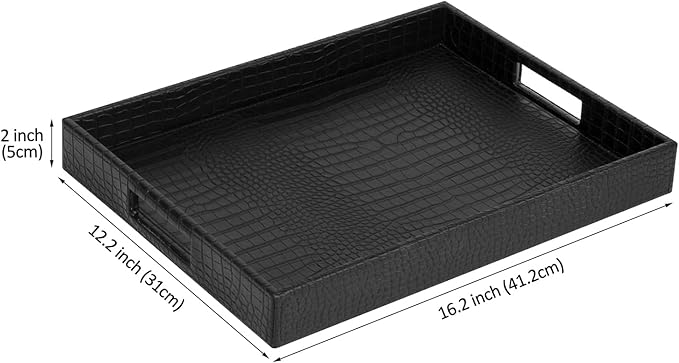 HofferRuffer Rectangle Serving Tray with Hole Handles for Coffee Table, Breakfast, Tea, Food, Butler - Countertop, Kitchen, Vanity Serve Tray, 16.2 x 12.2 x 2 inches, Faux Leather (Black Croco)