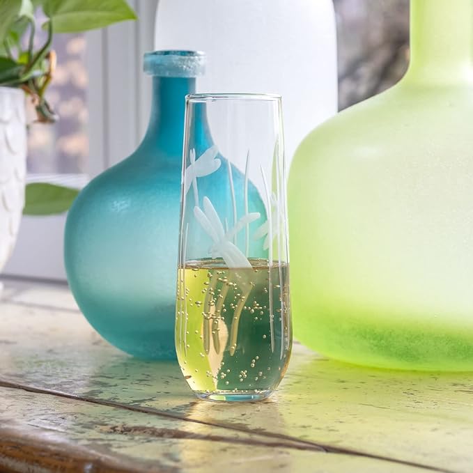 Rolf Glass Dragonfly Stemless Champagne Flute Glasses 8.5 ounce Set of 4 - Toasting Flute Glasses - Lead-Free Glass - Etched Flute Glasses – Proudly Made in the USA