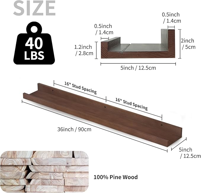 SAUMONIERES Picture Ledge Shelf Floating Book Shelves Set of 2 Wall Mounted Solid Wood for Bedroom Bathroom Living Room Kitchen, 36 Inch Walnut