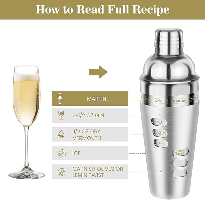 Cocktail Shaker Martini Shaker Set with Recipe, 24 oz Martini Shaker Drink Shaker Drink Mixer Stainless Steel Cocktail Shaker Set Bartender Kit