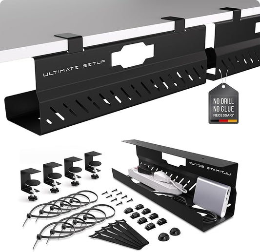 Under Desk Cable Management Tray no Drill – Wire Management - Cord Organizer – Huge Load Capacity – Under Desk Cable Tray no Drill (Black, 2 Pieces Set)