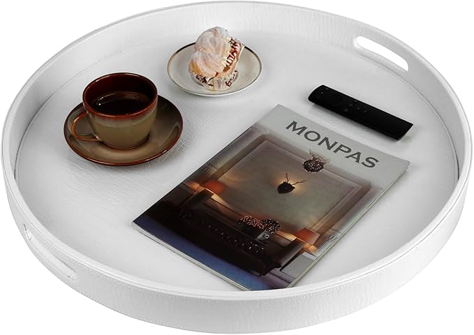 HofferRuffer Extra Large Round Serving Tray, Elegant Faux Leather Circle Ottoman Table Tray with Handles, Serve Tea, Coffee or Breakfast in Bed, Diameter 23.6 x 2.4 inches Height (White)