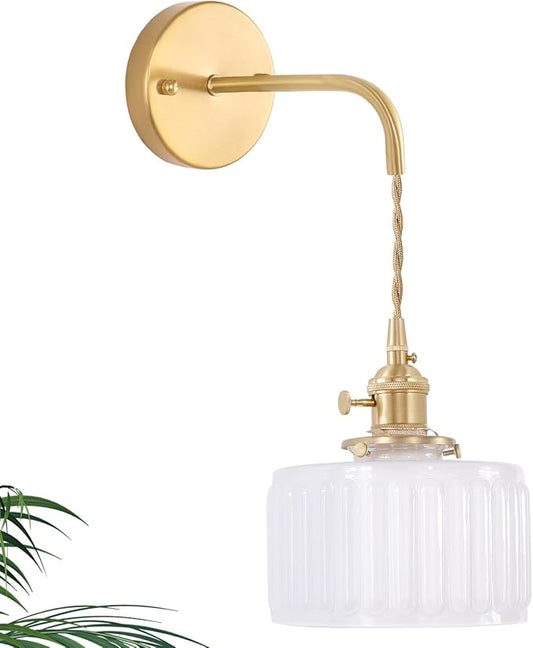 Vintage Wall Sconce with White Striped Shade Pattern Glass Adjustable Chain Retro Gold Wall Mounted Light, Modern Wall Lamp Fixtures Decor for Bedside Bedroom Indoor Doorway