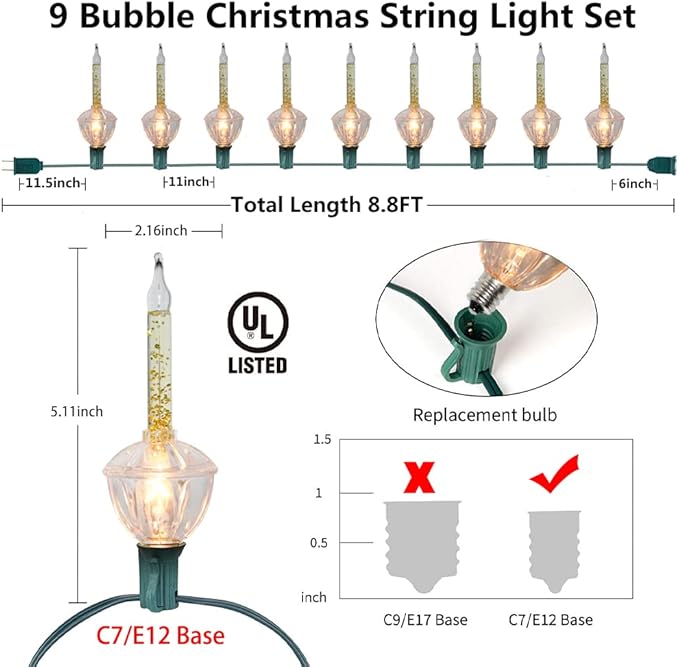 SUNSGNE Christmas Bubble Lights, 8.8Ft Vintage Bubble Lights with 10 Gold Glitter Bulbs(1 Spare), C7/E12 Candelabra Base, Gold Christmas Light, Green Wire