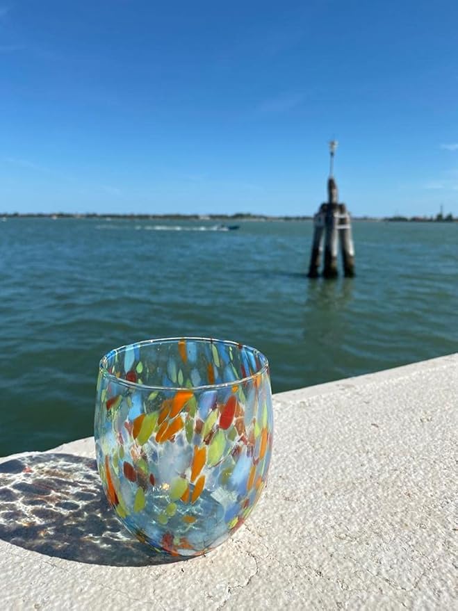 MAZZEGA ART & DESIGN - Set of 6 Handcrafted Blown Glass Water Glasses with Refined and Original Murano Murrine - The Colors of Murano - 'Classic 9,8 oz' Model. Made in Italy (6, Light Blue)