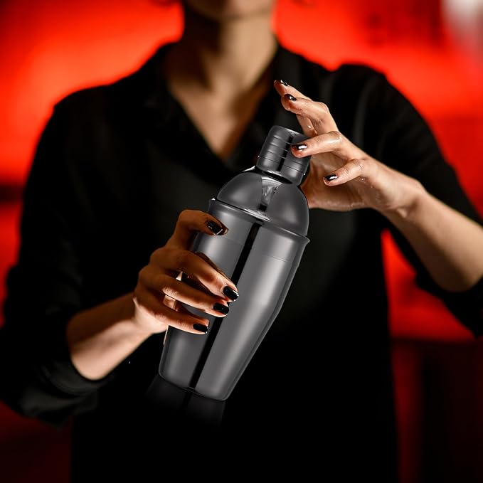 Nitial 6 Pcs Bar Cocktail Shaker Professional Stainless Steel Martini Drink Mixer Built-in Strainer for Bartending No Leaks Shaker for Bar Party Drink Mixer(Black,11.8 oz)