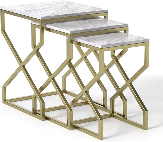Relso Helix Nesting End Tables - Ceramic Tile Top with Gold Metal Frame - Set of 3 Accent Tables for Living Room Bedroom Entryway - Small Coffee Tables, Modern Nightstand, Durable Design | No Assembly