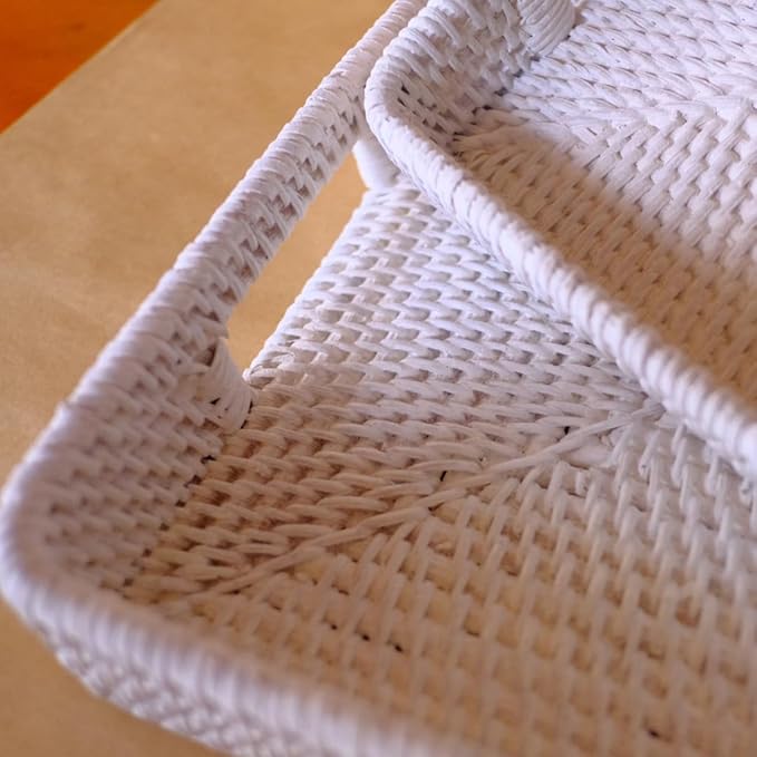 White Wash Rectangular Wicker Serving Tray | Set of 2 | Handmade Woven Rattan Storage Basket | Decorative Coffee Tabletop Tray - (L- 15.4"" x2.4 M- 13.7"" x 2"")