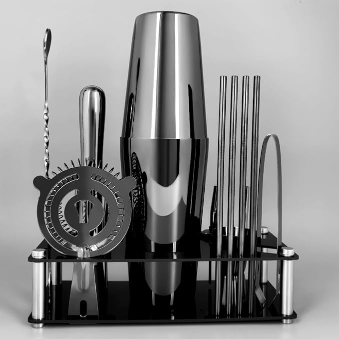 Professional Cocktail Shaker Set with Stand Cocktail Recipes, 15-Piece 750/600ml Bartender Kit, Bar Sets Bartending Kit Bar Tool Set 25/20oz Boston Shakers, Jigger, Muddler (Black)
