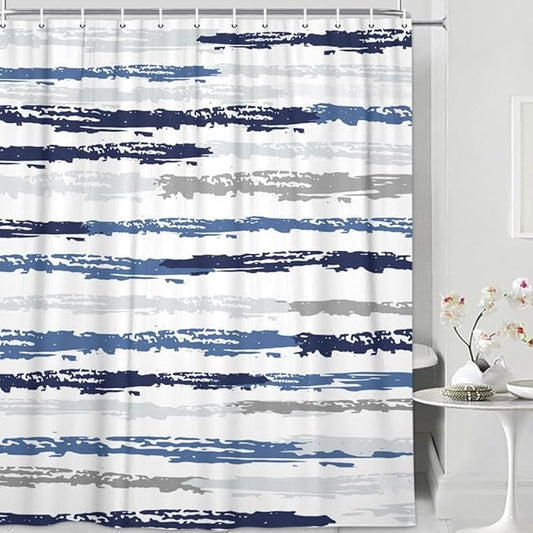 JAWO Abstract Blue Shower Curtain for Bathroom Decor, Modern Navy Blue Grey Stripe Aesthetic Minimalist Geometric Simple Neutral Watercolor Waterproof Polyester Shower Curtain with Hooks,72X78